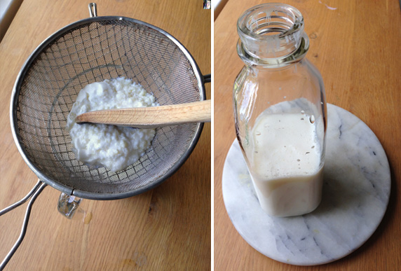 straining kefir grains through a seive