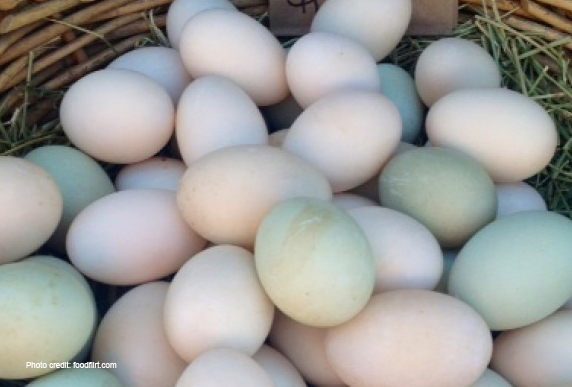 A basket filled with pastel colored eggs.