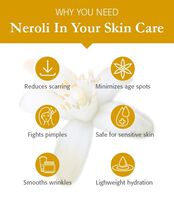 Infographic showing 6 ways neroli benefits the skin