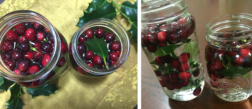 A top view and side view of cranberry centerpieces on a table