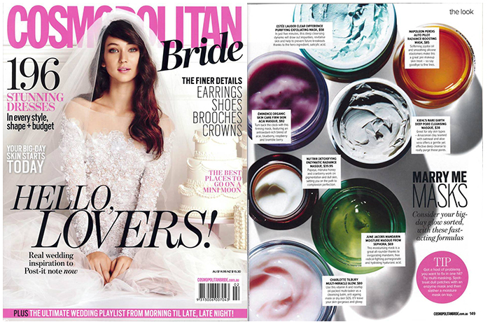 A cover of Cosmopolitan Bride and inside page displaying facial masques.