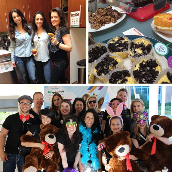 A collage of photos from Jeans Day, including women in jeans, an assortments of party snacks, and a group of people, including children, posing with teddy bears.